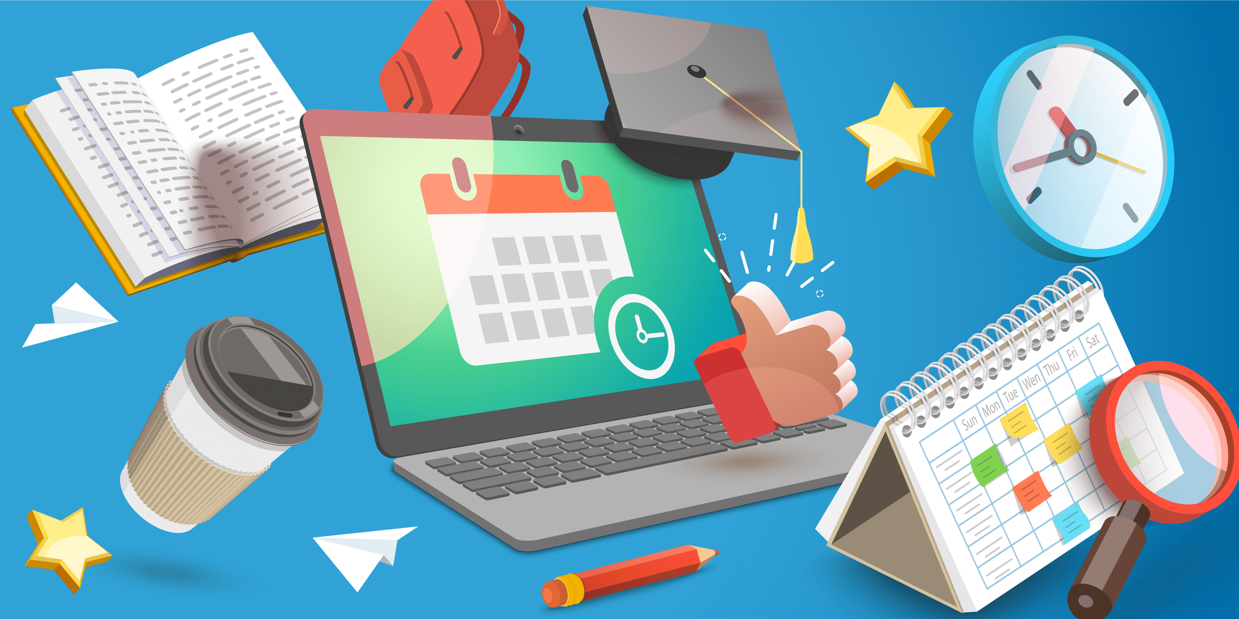 A graphic of a laptop with calendars