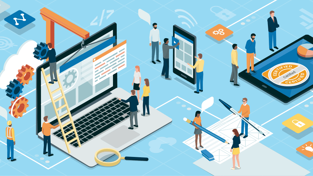 A graphic of people working on software with a credential